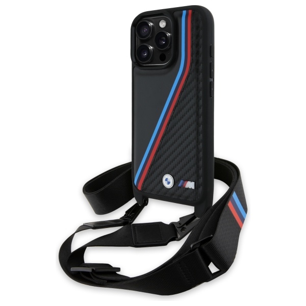 BMW dėklas iPhone 16 Pro M Edition Carbon Tricolor Lines & Strap, juodas
