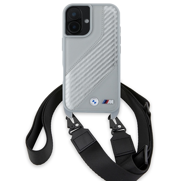 BMW iPhone 16 dėklas M Edition Carbon Stripe & Strap, pilkas