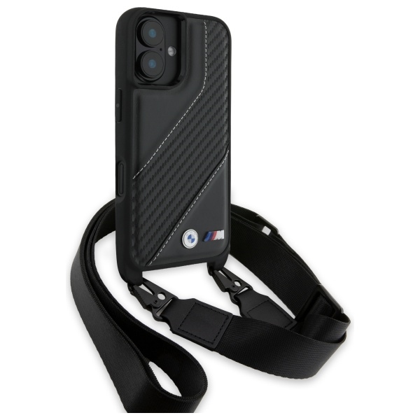 BMW iPhone 16 dėklas M Edition Carbon Stripe & Strap, juodas