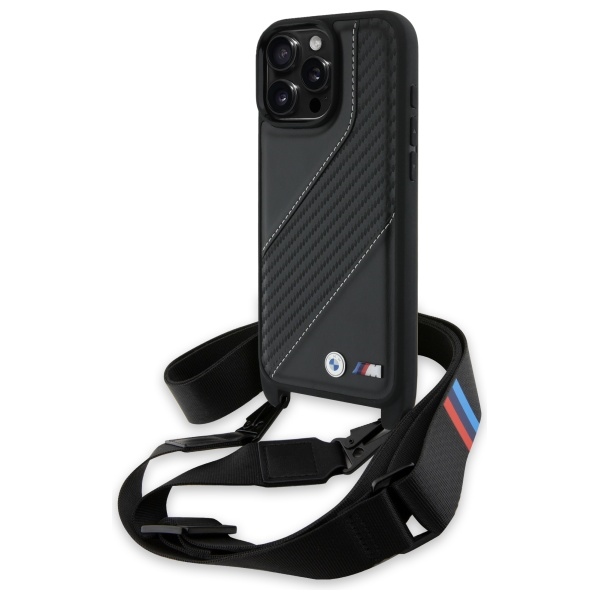 BMW iPhone 16 Pro Max dėklas M Edition Carbon Stripe & Strap, juodas