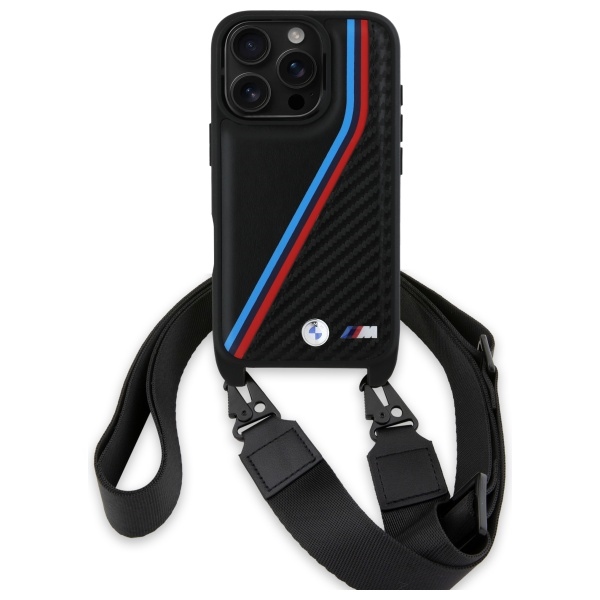 BMW iPhone 16 Pro Max dėklas M Edition Carbon Tricolor su dirželiu, juodas