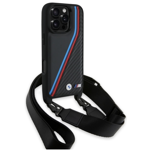 BMW iPhone 16 Pro Max dėklas M Edition Carbon Tricolor su dirželiu, juodas