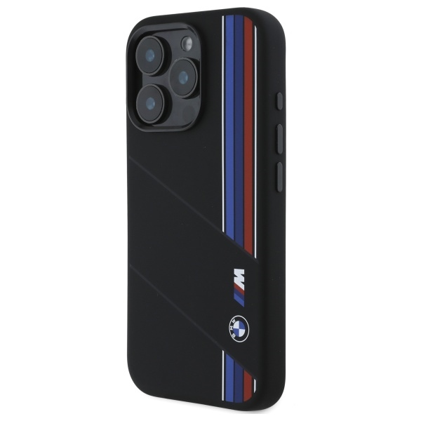 BMW dėklas iPhone 16 Pro telefonui Silicone Cut Tricolor Lines MagSafe, juodas