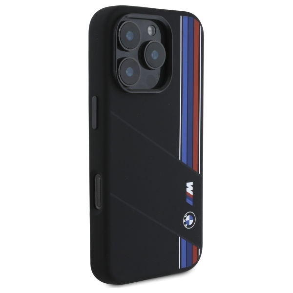 BMW dėklas iPhone 16 Pro telefonui Silicone Cut Tricolor Lines MagSafe, juodas