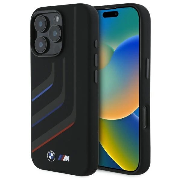 BMW Silicone Turning Lines MagSafe dėklas iPhone 16 Pro telefonui, juodas