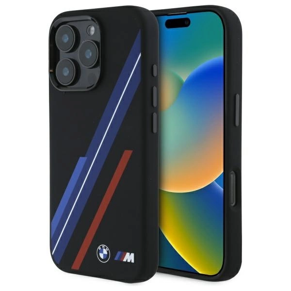 BMW Silicone Random Lines MagSafe dėklas iPhone 16 Pro telefonui, juodas