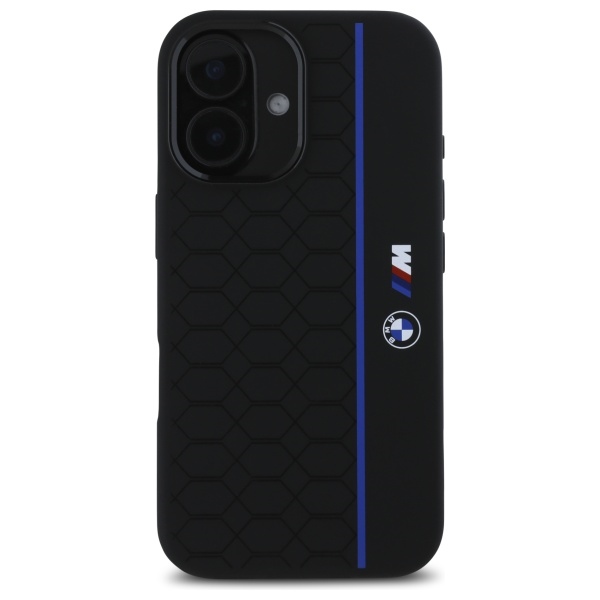 BMW dėklas iPhone 16 telefonui Silicone Hexagon Blue Line MagSafe, juodas
