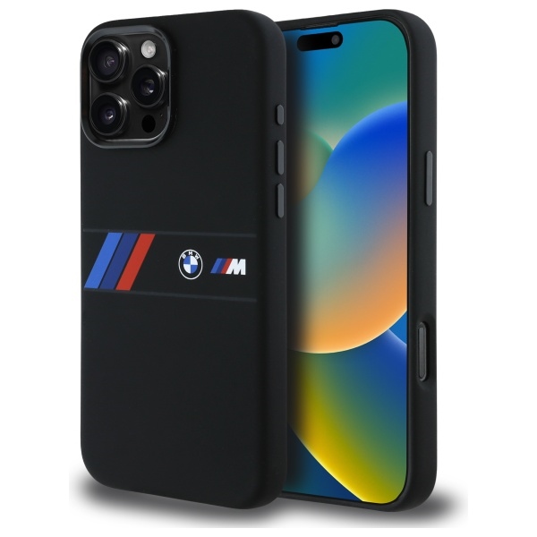 BMW dėklas iPhone 16 Pro Max telefonui Silicone Middle Stripe MagSafe, juodas
