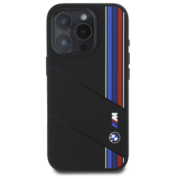 BMW dėklas iPhone 16 Pro Max telefonui Silicone Cut Tricolor Lines MagSafe, juodas