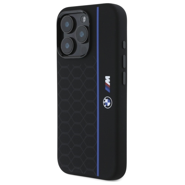 BMW dėklas iPhone 16 Pro Max telefonui Silicone Hexagon Blue Line MagSafe, juodas