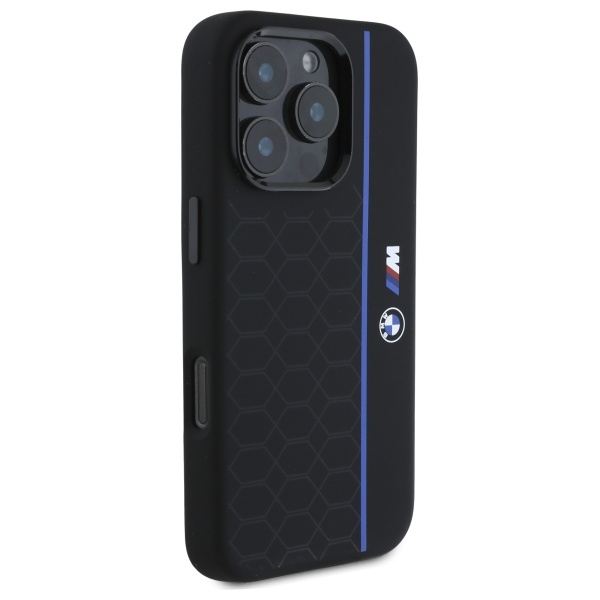 BMW dėklas iPhone 16 Pro Max telefonui Silicone Hexagon Blue Line MagSafe, juodas