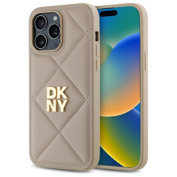 DKNY Quilted Stack Logo dėklas iPhone 14 Pro, smėlio spalvos