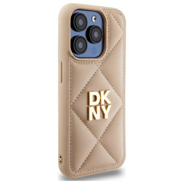 DKNY dėklas iPhone 15 Pro Max su Quilted Stack logotipu, smėlio spalvos