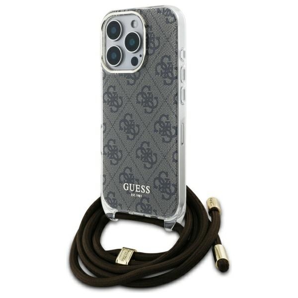 Guess dėklas iPhone 16 Pro telefonui Crossbody Cord 4G Print, rudas