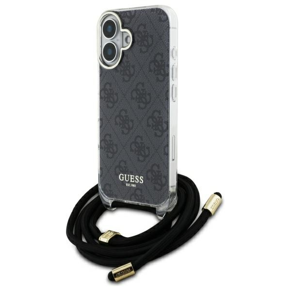 Guess dėklas iPhone 16 telefonui Crossbody Cord 4G Print, juodas
