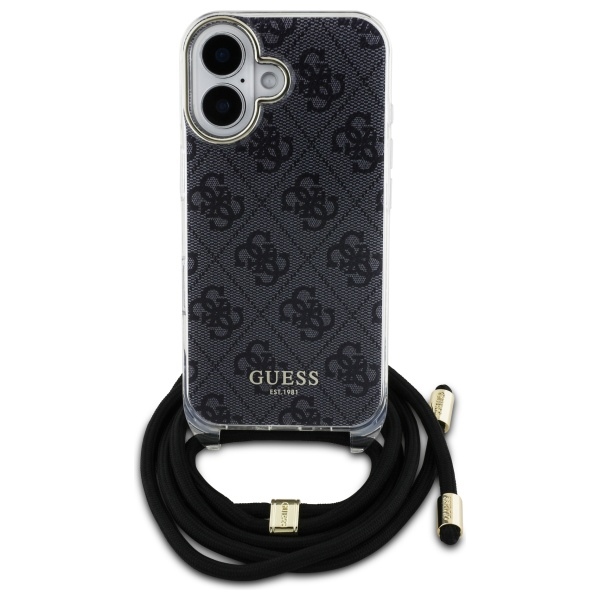 Guess dėklas iPhone 16 telefonui Crossbody Cord 4G Print, juodas