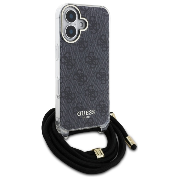Guess dėklas iPhone 16 telefonui Crossbody Cord 4G Print, juodas