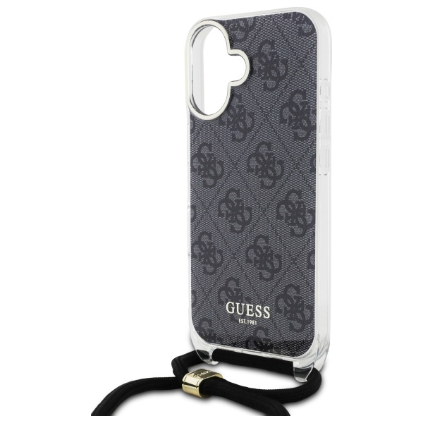 Guess dėklas iPhone 16 telefonui Crossbody Cord 4G Print, juodas