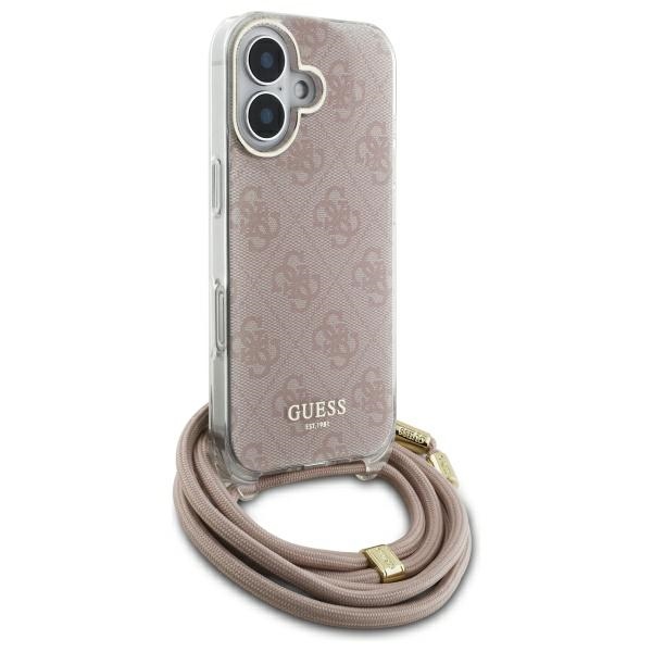 Guess iPhone 16 dėklas Crossbody Cord 4G Print, rožinis
