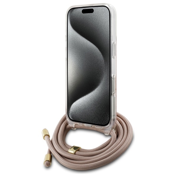 Guess iPhone 16 dėklas Crossbody Cord 4G Print, rožinis
