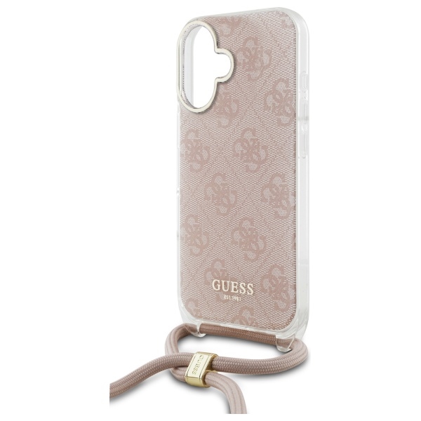 Guess iPhone 16 dėklas Crossbody Cord 4G Print, rožinis