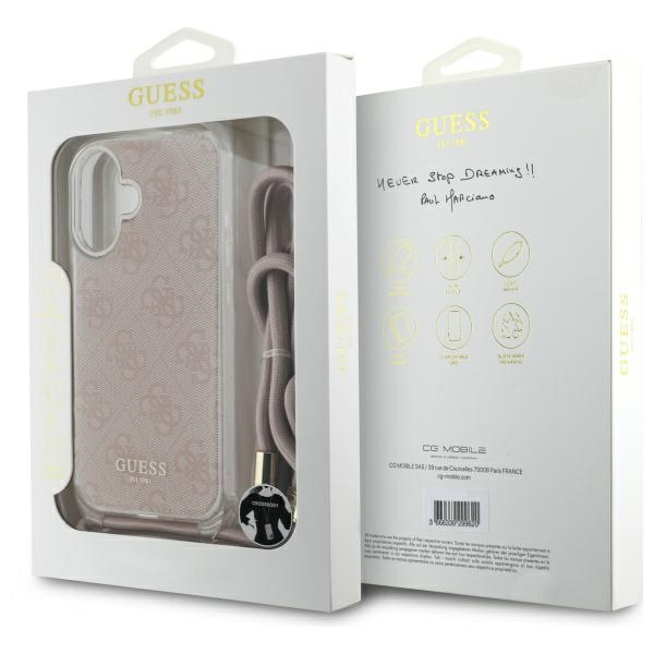 Guess iPhone 16 dėklas Crossbody Cord 4G Print, rožinis