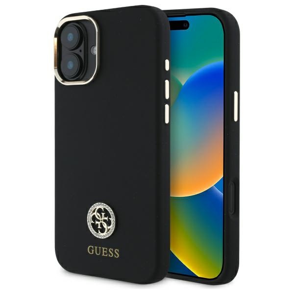 Guess Silicone Logo Strass 4G dėklas, skirtas iPhone 16, juodas