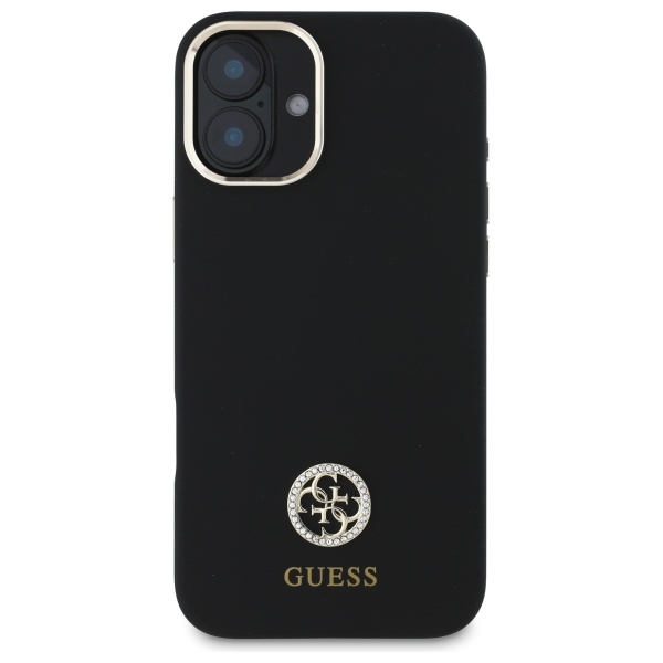 Guess Silicone Logo Strass 4G dėklas, skirtas iPhone 16, juodas