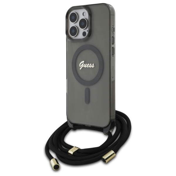 Guess dėklas iPhone 16 Pro su Crossbody virvele ir MagSafe, juodas