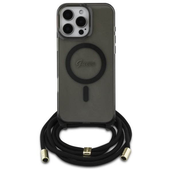 Guess dėklas iPhone 16 Pro su Crossbody virvele ir MagSafe, juodas
