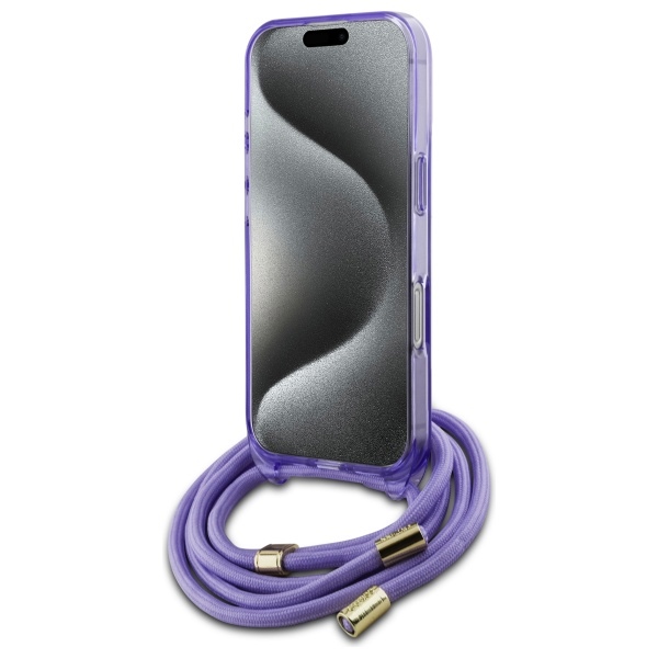 Guess iPhone 16 Pro dėklas Crossbody Cord Script MagSafe, violetinis
