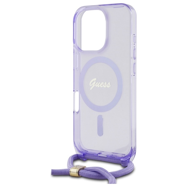 Guess iPhone 16 Pro dėklas Crossbody Cord Script MagSafe, violetinis