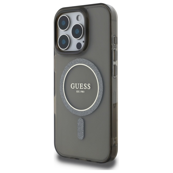 Guess iPhone 16 Pro dėklas IML Glitter Circle MagSafe, juodas