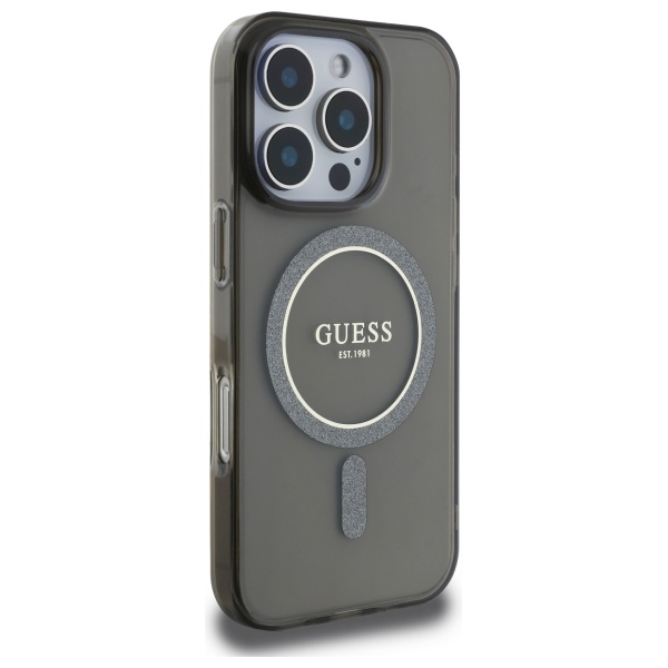 Guess iPhone 16 Pro dėklas IML Glitter Circle MagSafe, juodas