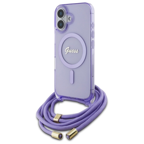 Guess dėklas iPhone 16 telefonui Crossbody Cord Script MagSafe, violetinis
