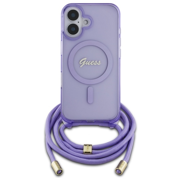 Guess dėklas iPhone 16 telefonui Crossbody Cord Script MagSafe, violetinis