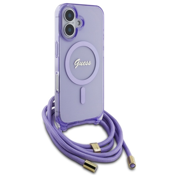 Guess dėklas iPhone 16 telefonui Crossbody Cord Script MagSafe, violetinis