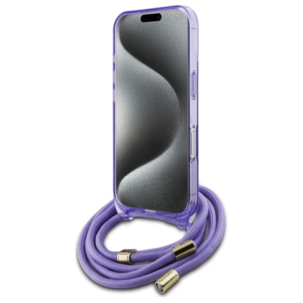 Guess dėklas iPhone 16 telefonui Crossbody Cord Script MagSafe, violetinis