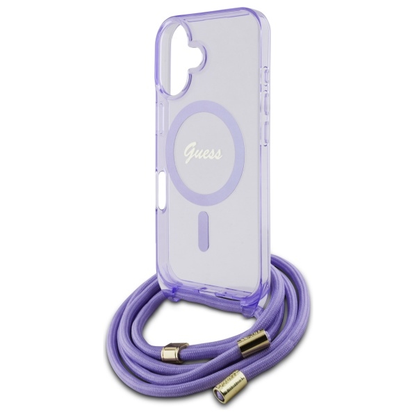 Guess dėklas iPhone 16 telefonui Crossbody Cord Script MagSafe, violetinis