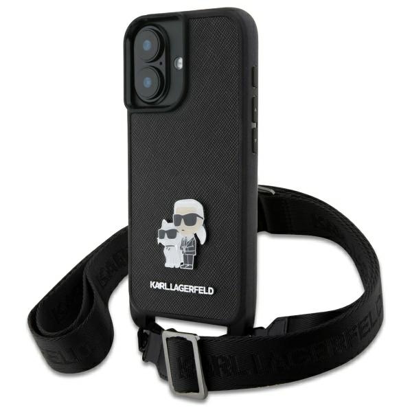 Karl Lagerfeld iPhone 16 dėklas Saffiano Karl&Choupette Metal Pin su dirželiu, juodas