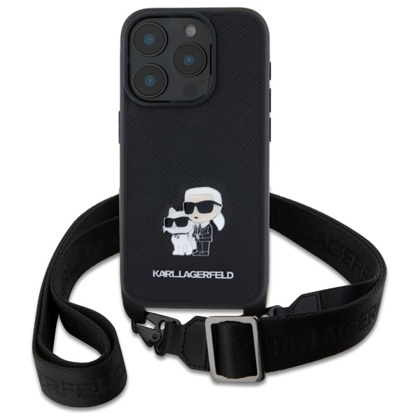 Apple iPhone 16 Pro Max 6.9\'\' Karl Lagerfeld Saffiano Karl&Choupette Metal Pin CBDY Strap Case Cover, Black