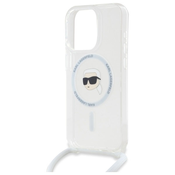 Karl Lagerfeld dėklas iPhone 16 Pro su Crossbody IML Karl Head MagSafe, skaidrus