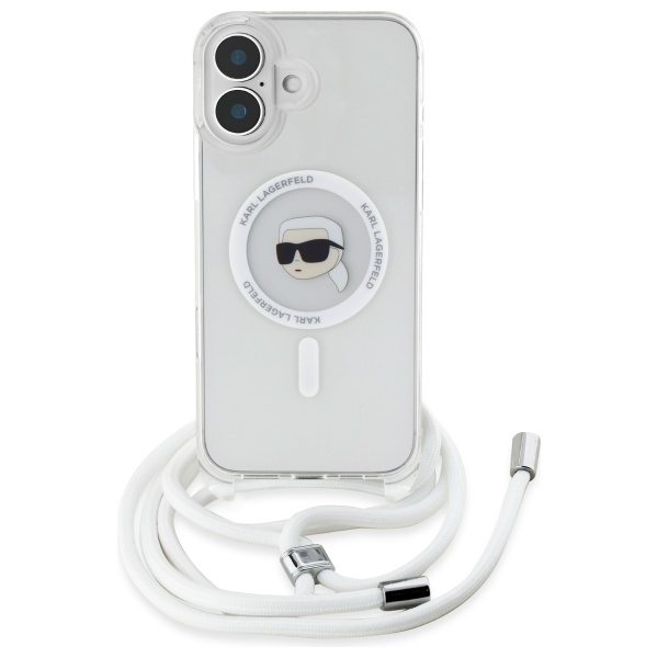 Karl Lagerfeld dėklas iPhone 16 su Crossbody virvele ir MagSafe, skaidrus