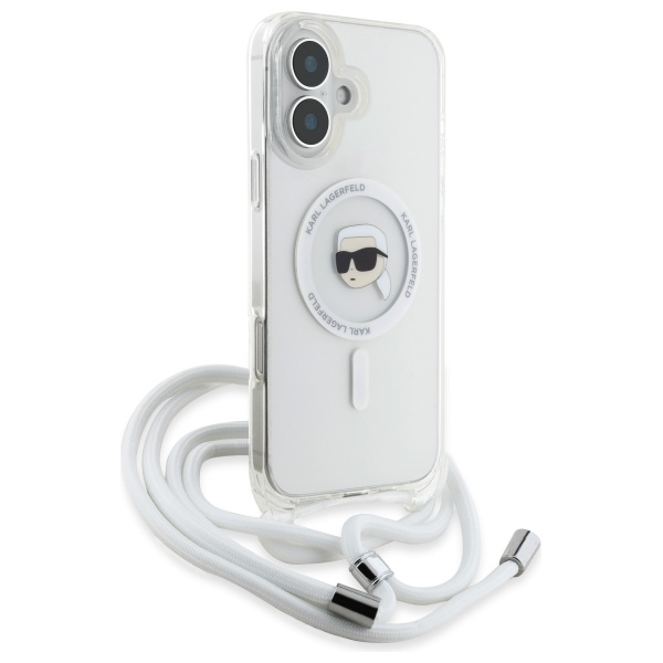Karl Lagerfeld dėklas iPhone 16 su Crossbody virvele ir MagSafe, skaidrus