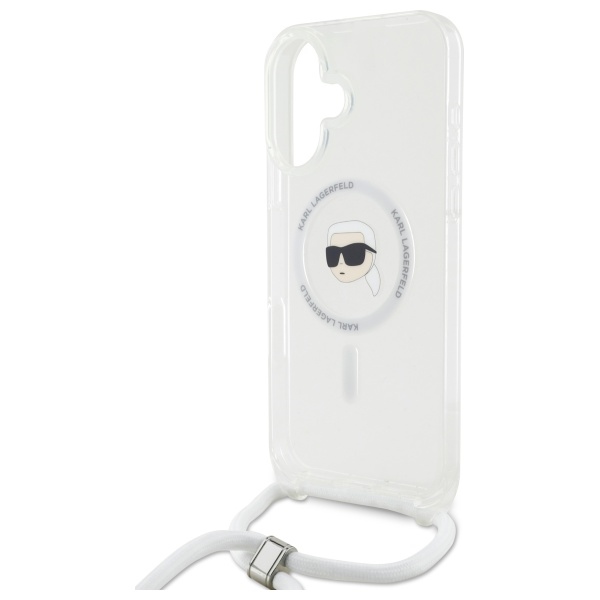 Karl Lagerfeld dėklas iPhone 16 su Crossbody virvele ir MagSafe, skaidrus