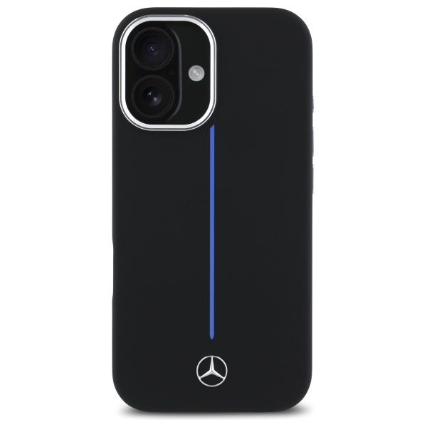 Mercedes dėklas iPhone 16 telefonui Silicone Blue Stripe MagSafe, juodas