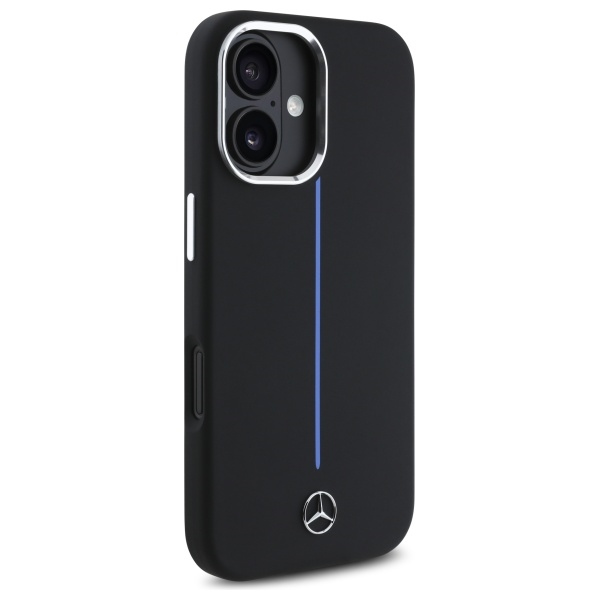 Mercedes dėklas iPhone 16 telefonui Silicone Blue Stripe MagSafe, juodas