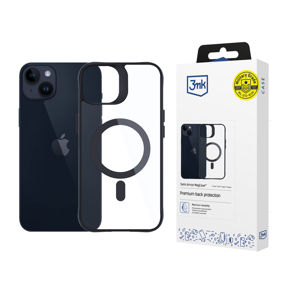 3mk iPhone 14 Plus dėklas Satin Armor MagCase, skaidrus su juodu rėmeliu