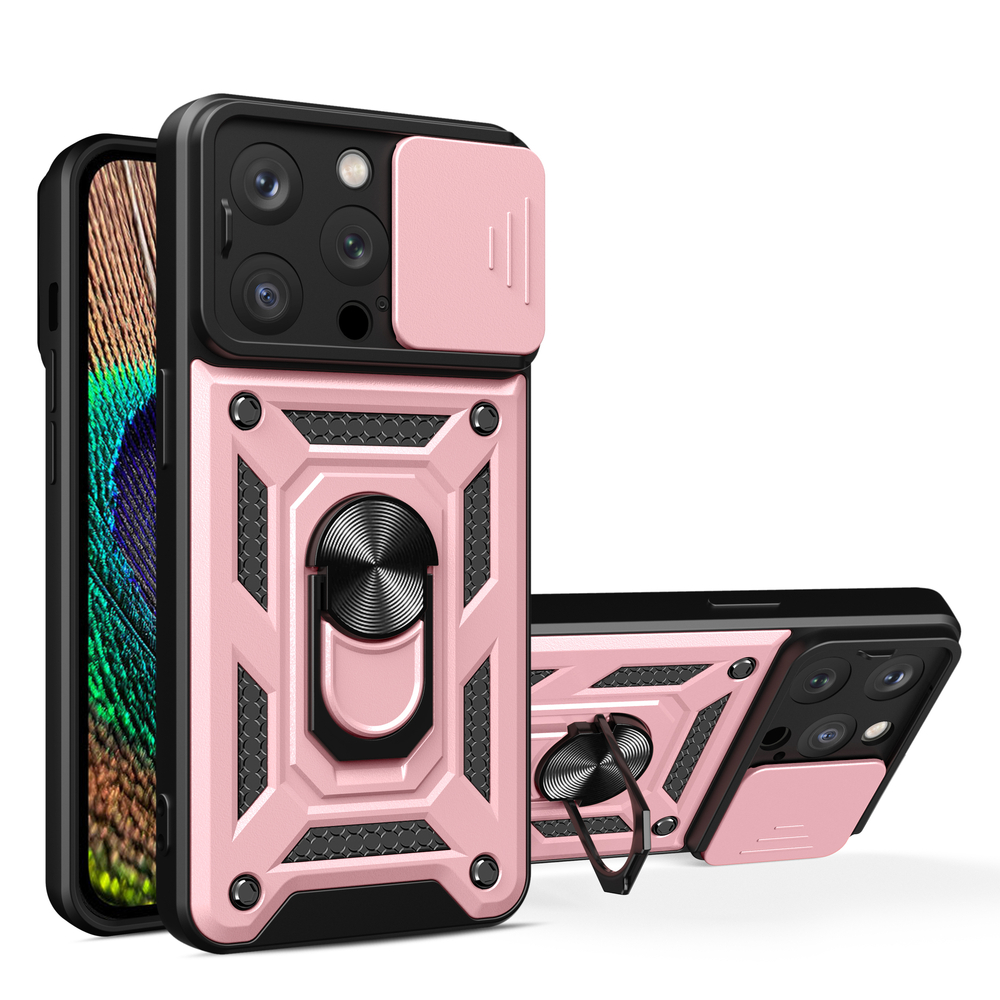 Hybrid Armor Camshield Case for iPhone 15 Pro Max with Camera Cover, Pink