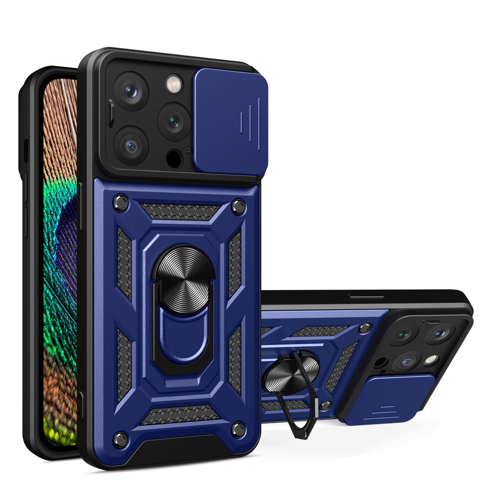 Hybrid Armor Camshield Case for iPhone 15 Pro Max with Camera Cover, Blue